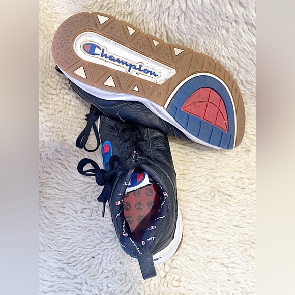 Champion Soft Leather Black Sneakers with Blue & Red Logo Accents - Picture 2 of 7